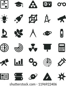 solid black flat icon set books vector, book, square academic hat, test tube, microscope, telescope, electricity, glasses, nuclear, bulb, gears, oscilloscope, calculator, drawing compass, radar