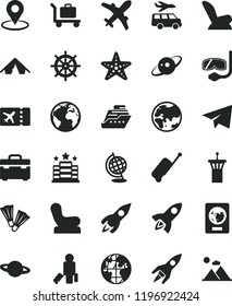 solid black flat icon set sign of the planet vector, paper airplane, Baby chair, car child seat, suitcase, geolocation, rocket, globe, saturn, airport tower, passenger, passport, plane ticket, tent
