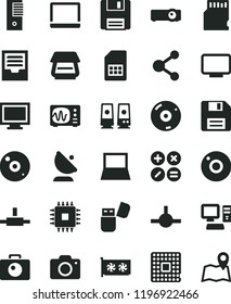 solid black flat icon set camera vector, floppy disk, monitor window, archive, math actions, processor, satellite antenna, SIM card, connection, computer, notebook pc, tower, cpu, gpu, cd, scanner