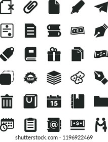 solid black flat icon set bin vector, paper airplane, clean, books, calendar, notebook, pile, address book, delete page, bag with handles, gift, clip, label, copy, popcorn, text highlighter, cash