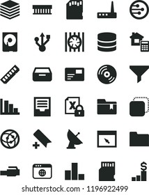 solid black flat icon set add bookmark vector, bar chart, positive histogram, archive, folder, estimate, CD, pile, pass card, drawer, copy, filter, radiator fan, encrypting, memory, hdd, usb, router