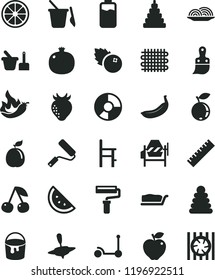 solid black flat icon set paint roller vector, yardstick, stacking rings, toy, sand set, children's, a chair for feeding, small yule, Kick scooter, concrete mixer, bucket, new, plastic brush, onion