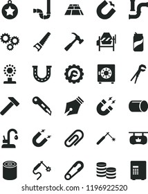 solid black flat icon set clip vector, safety pin, concrete mixer, adjustable wrench, hand saw, siphon, star gear, stationery knife, paving slab, kitchen faucet, hammer, with claw, strongbox, tin