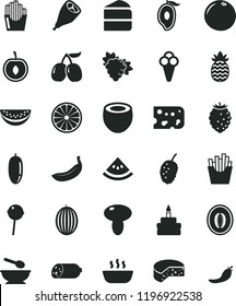 solid black flat icon set deep plate with a spoon vector, sausage, piece of cheese, mushroom, cake, birthday, hot porridge, grill chicken leg, Chupa Chups, French fries, fried potato slices, cone