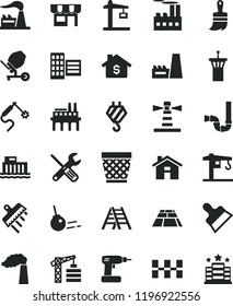 solid black flat icon set house vector, wicker pot, crane, tower, hook, concrete mixer, small tools, cordless drill, wooden paint brush, ladder, siphon, city block, ceramic tiles, putty knife, core