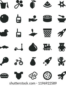solid black flat icon set wicker pot vector, Child T shirt, baby rattle, duckling, toy phone, mobile, children's sand set, deep plate with a spoon, small teddy bear, train, yule, bicycle, pizza, fig