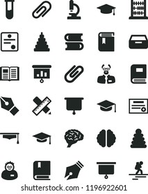 solid black flat icon set clip vector, book, stacking rings, toy, e, books, abacus, writing accessories, drawer, square academic hat, presentation, test tube, microscope, brain, scientist, graduate