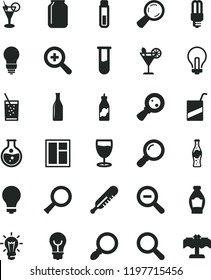solid black flat icon set matte light bulb vector, incandescent lamp, magnifier, zoom, out, mercury thermometer, e, window, a glass of soda, cocktail, bottle, liquor, round flask, jar, magnifying