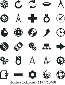 solid black flat icon set clock face vector, right direction, renewal, plus, minus, clockwise, tumbler, cogwheel, gear, left bottom arrow, timer, CD, delete page, plate, gears, scribed compasses, up