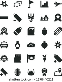 solid black flat icon set add bookmark vector, minus, label, remove, pennant, negative histogram, toys over the cot, winch hook, car, Hot Dog, bottle, medlar, melon, tamarillo, physalis, radish, CO2