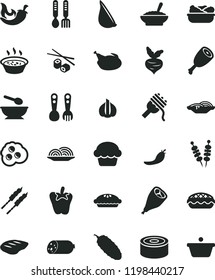 solid black flat icon set deep plate with a spoon vector, plastic fork spoons, iron, sausage, canned goods, fried vegetables on sticks, onion, slices of, spaghetti, cake, pie, apple, in saucepan