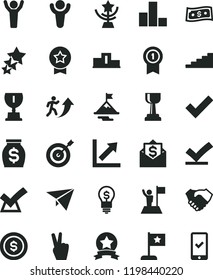 solid black flat icon set check mark vector, bar chart, growth, hand shake, money, winner, pedestal, award, gold cup, star, man arrow up, stairway, hands, with flag, motivation, target, ribbon, vote