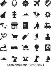 solid black flat icon set bus vector, air balloon, backpacker, passenger, passport, plane, rolling case, baggage, arnchair under umbrella, sun, palm tree, hawaii wreath, flippers, tennis, transfer