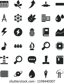 solid black flat icon set lightning vector, minus, line chart, book, city block, drop, bundle of eggs, pineapple, leaves, weaving, Measuring compasses, lighthouse, wall calendar, speech, cpu, note