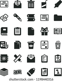 solid black flat icon set bin vector, clean paper, folder, e, books, writing accessories, stationery knife, received letter, book, pile, address, survey, label, popcorn, cup of, coffe to go, morning