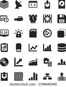 solid black flat icon set floppy disk vector, graph, growth chart, negative histogram, upload archive data, download, estimate, alarm clock, CD, pile, flowchart, copy, processor, bar, agenda, hdd