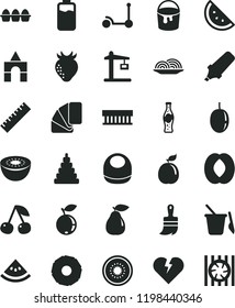 solid black flat icon set yardstick vector, baby bib, stacking toy, children's sand set, box of bricks, Kick scooter, paint bucket, sample colour, wooden brush, broken heart, bundle eggs, onion