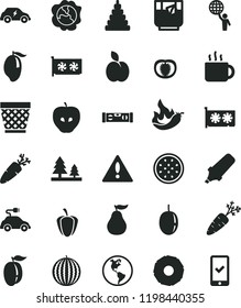 solid black flat icon set warning vector, wicker pot, stacking toy, building level, carrot, cup of tea, a glass, apple, squash, tasty, water melon, mango, ripe plum, passion fruit, half, guava, hot