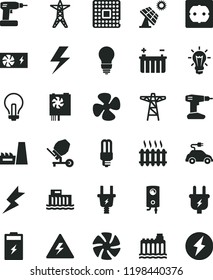 solid black flat icon set lightning vector, danger of electricity, incandescent lamp, concrete mixer, cordless drill, bulb, power socket type f, boiler, fan screw, charging battery, big solar panel