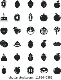 solid black flat icon set cake vector, birthday, with a hole, glazed, pie, lollipop, strawberry, biscuit, pomegranate, half, branch of grape, quince, apricot, red apple, tasty, raspberry, medlar