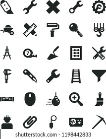 solid black flat icon set paint roller vector, repair key, zoom, cross, new abacus, winch hook, big core, garden trolley, trowel, small tools, long meashuring tape, wooden brush, stepladder, plummet