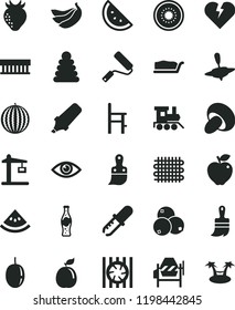 solid black flat icon set stacking rings vector, a chair for feeding, baby toy train, small yule, concrete mixer, new roller, plastic brush, wooden paint, broken heart, eye, porcini, cake slice
