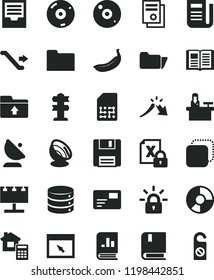 solid black flat icon set archive vector, upload folder, e, estimate, book, big data, pass card, copy, banana, satellite antenna, SIM, billboard with illumination, a crisis, ring diagram, newspaper