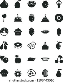 solid black flat icon set birthday cake vector, mini hot dog, slices of onion, muffin, slice, with a hole, glazed, Chupa Chups, popcorn, cone, omelette, blueberries, cherry, peach, half apricot, fig