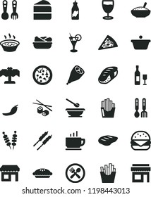 solid black flat icon set plates and spoons vector, plastic fork, iron, coffee, fried vegetables on sticks, pizza, piece of, big burger, cake, pie, a bowl rice porridge, in saucepan, lettuce plate