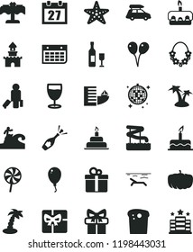 solid black flat icon set daily calendar vector, colored air balloons, balloon, cake, birthday, gift, Easter, torte, lollipop, glass, pumpkin, wall, giftbox, sand castle, wine, champagne, passenger