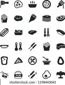 solid black flat icon set plates and spoons vector, plastic fork, iron, stick of sausage, cheese, pizza, piece, Hot Dog, mini, burger, spaghetti, noodles, porridge, lettuce in a plate, bacon, chop