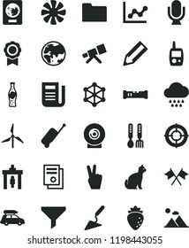 solid black flat icon set graph vector, cloud, toy mobile phone, iron fork spoons, building trowel, construction level, microphone, lens, bottle of soda, raspberry, windmill, planet, filter, pencil