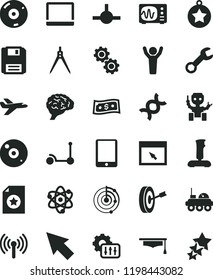 solid black flat icon set Kick scooter vector, tablet pc, notebook, cd, browser, connect, floppy, wireless, joystick, repair, settings, cursor, atom, dna, brain, gears, oscilloscope, graduate hat