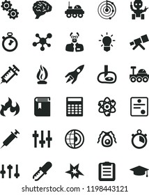 solid black flat icon set book vector, telescope, molecule, atom, bulb, brain, gears, settings, bactery, pipette, flame, scientist, clipboard, calculator, artifical insimination, radar, earth core