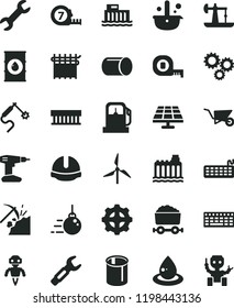 solid black flat icon set big core vector, building trolley, drill, measuring tape, long meashuring, construction helmet, solar panel, oil derrick, coal mining, gas station, windmill, hydroelectric