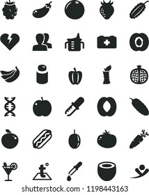 solid black flat icon set women vector, measuring cup for feeding, powder, bag of a paramedic, temperature, broken heart, Hot Dog, cucumber, tomato, carrot, cocktail, apple, half apricot, strawberry