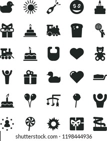 solid black flat icon set heart symbol vector, toys over the cradle, bib, rubber duck, baby duckling, teddy bear, toy train, children's, colored air balloons, cake, birthday, gift, Easter, slice