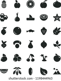 solid black flat icon set tomato vector, small fish, strawberry, apple, pear, orange, honeycombs, cherry, ripe peach, quince, medlar, blueberries, goji berry, water melon slice, date fruit, onion