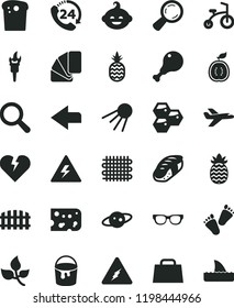 solid black flat icon set danger of electricity vector, left direction, magnifier, funny hairdo, children's tracks, child bicycle, paint bucket, sample colour, fence, broken heart, 24, piece cheese