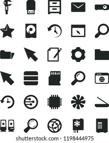 solid black flat icon set star vector, nightstand, notes, caliper, magnifier, fan, pc power supply, cpu, hdd, scanner, usb flash, speaker, network, browser, folder, projector, sd card, big data