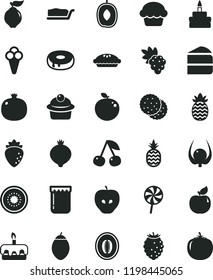 solid black flat icon set cake vector, muffin, piece of, slice, torte, birthday, with a hole, pie, lollipop, cone, jam, pineapple, biscuit, cherry, pomegranate, grape, quince, apricot, tasty apple