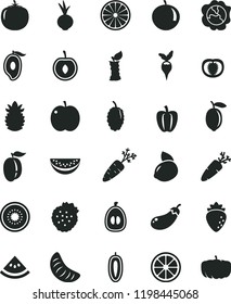 solid black flat icon set beet vector, carrot, strawberries, apple, squash, raspberry, mulberry, half of mango, water melon slice, tangerine, loquat, ripe plum, cherry, sweet date fruit, lemon, kiwi