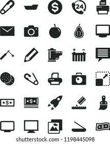 solid black flat icon set image of thought vector, monitor, camera, roll, safety pin, open, bath, plastic brush, drawing, envelope, picture, 24, expand, biscuit, tasty plum, part guava, battery