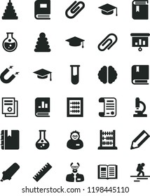 solid black flat icon set clip vector, yardstick, book, new abacus, stacking rings, toy, e, notebook, square academic hat, round flask, magnet, pencil, text highlighter, on statistics, presentation