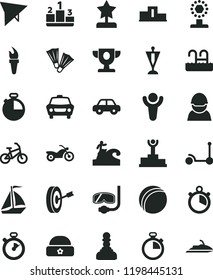 solid black flat icon set stopwatch vector, bath ball, motor vehicle, Kick scooter, warm hat, timer, car, pedestal, racer, flame torch, winner, podium, prize, cup, pawn, star reward, pennant, bike