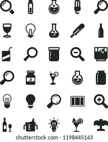 solid black flat icon set matte light bulb vector, incandescent lamp, zoom, out, measuring cup for feeding, mercury thermometer, e, window frame, magnifier, a glass of tea, cocktail, jam, jar, wine