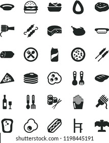 solid black flat icon set a chair for feeding vector, plastic fork spoons, iron, sausage, stick of, cheese, pizza, piece, Hot Dog, mini, burger, spaghetti, noodles, lettuce in plate, chicken, chop