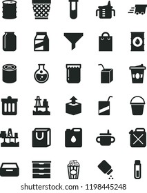 solid black flat icon set wicker pot vector, storage unit, mug for feeding, measuring cup, baby powder, e, packing of juice with a straw, bucket, dust bin, drawer, bag handles, package, unpacking