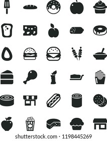 solid black flat icon set kiosk vector, sausage, stick of, piece cheese, loaf, canned goods, tin, fried vegetables on sticks, Hot Dog, big burger, cake, muffin, slice, with a hole, glazed, popsicle
