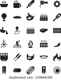 solid black flat icon set electronic thermometer vector e, mercury, temperature, radiator, new, boiler, sausage, loaf, Hot Dog, mini, noodles, porridge, chop, barbecue, chili, cup of tea, a glass